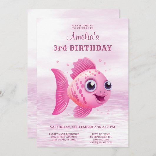 ピンクフィッシュ誕生日招待状 招待状 (正面/裏面)