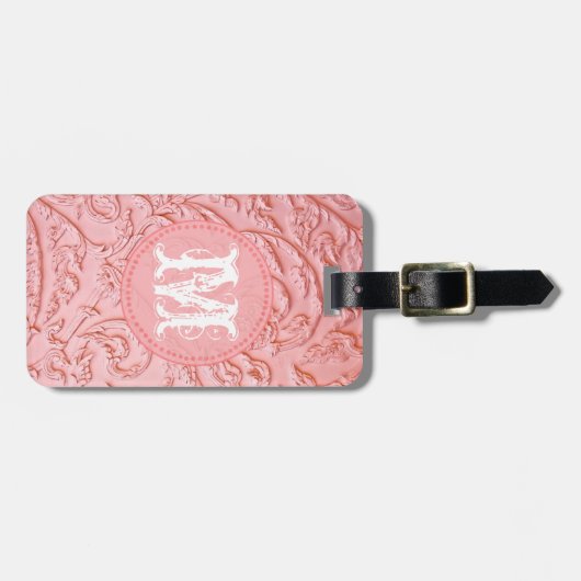 ピンクフィリグリー木彫りモノグラム荷物タグ ラゲッジタグ (正面横)