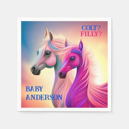 ピンクフィリー&ブルー子馬ウェスタンスタイルジェンダーリビール スタンダードカクテルナプキン (正面)