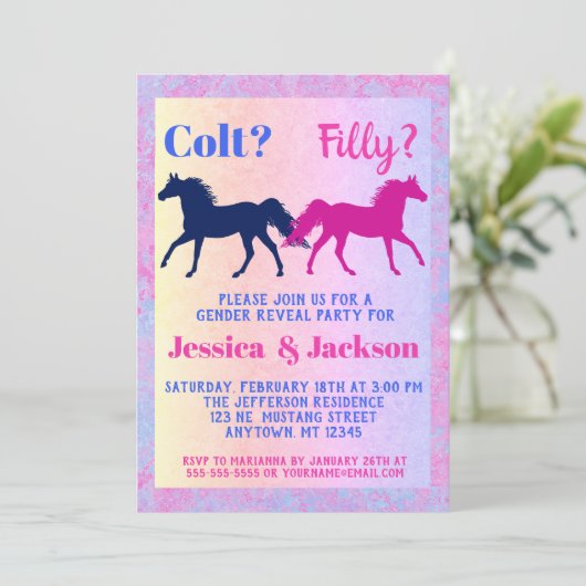 ピンクフィリー&ブルー子馬ウェスタンスタイルジェンダーリビール 招待状 (スタンド正面)