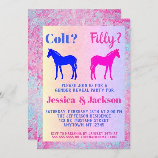 ピンクフィリー&ブルー子馬ウェスタンスタイルジェンダーリビール 招待状 (正面/裏面)