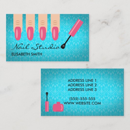 ピンクフィンガー爪、 ネイルオンブルー爪、 ネイルスタジオ 名刺 (正面/裏面)