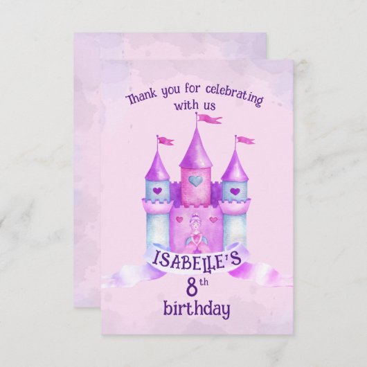 ピンクフェアユタリーキャッスルリル'プリンセス誕生日パーティー サンキューカード (正面/裏面)