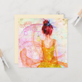 ピンクフェアリーお洒落ガール誕生日 カード (正面/裏面インサイチュ)