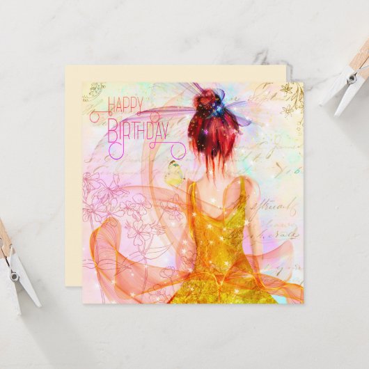 ピンクフェアリーお洒落ガール誕生日 カード (正面/裏面インサイチュ)