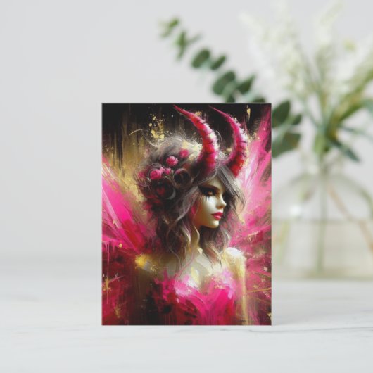 ピンクフェアリーと角の暗いファンタジーアート ポストカード (スタンド正面)