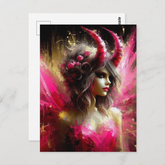 ピンクフェアリーと角の暗いファンタジーアート ポストカード (正面/裏面)