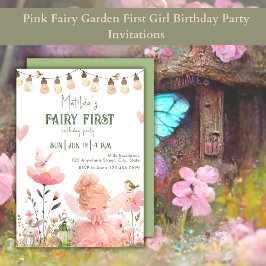 ピンクフェアリーガーデン最初の女の子誕生日パーティー 招待状