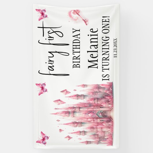 ピンクフェアリーキャッスルピンク蝶の最初の誕生日 横断幕 (縦)