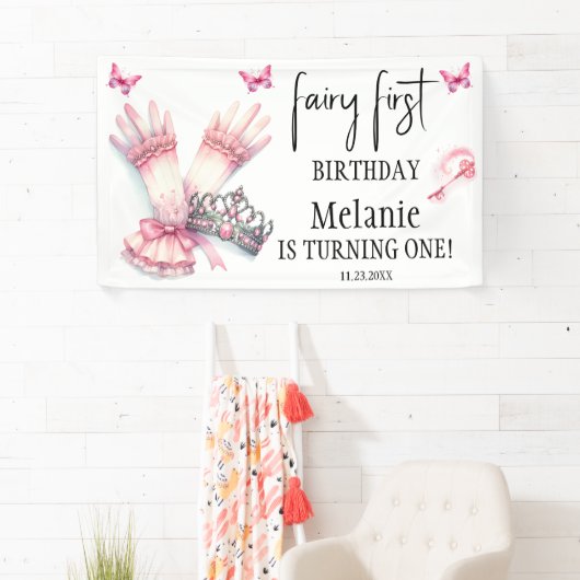 ピンクフェアリーティアラピンク蝶の最初の誕生日 横断幕 (インサイチュ)