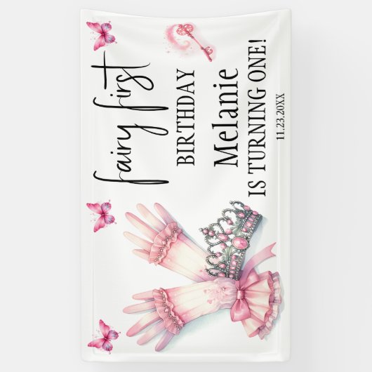 ピンクフェアリーティアラピンク蝶の最初の誕生日 横断幕 (縦)