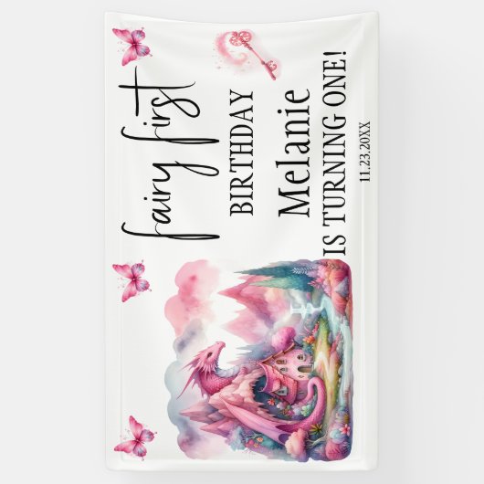 ピンクフェアリーハウスピンクドラゴンファースト誕生日 横断幕 (縦)