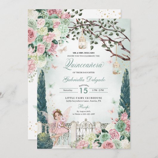 ピンクフェアリープリンセスエンチャントガーデンキンセアニェラ 招待状 (正面/裏面)