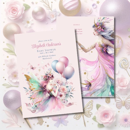 ピンクフェアリープリンセスバラ女の子ベビーシャワー 招待状