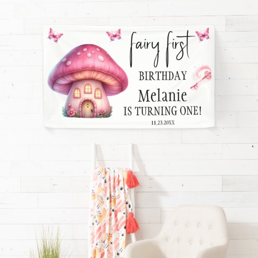ピンクフェアリーマッシュルームハウスファースト誕生日 横断幕 (インサイチュ)