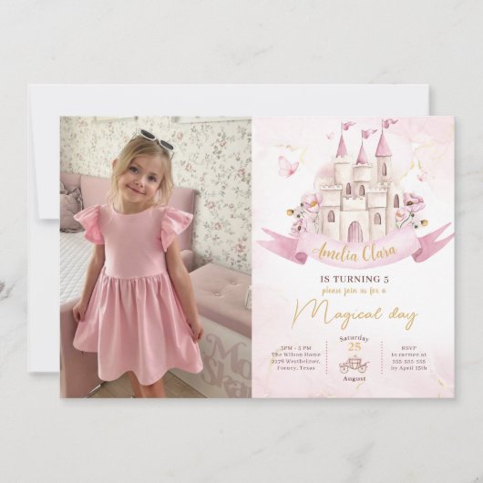 ピンクフェアリーレプリンセスキャッスルガール誕生日写真 招待状 (正面)