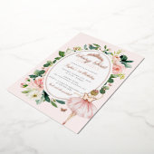 ピンクフェアリー最初の1歳の誕生日バラ金ゴールド 箔招待状 (回転した状態)