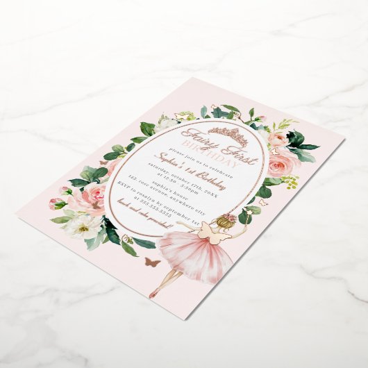 ピンクフェアリー最初の1歳の誕生日バラ金ゴールド 箔招待状 (回転した状態)