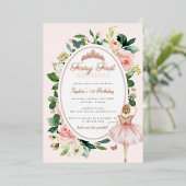 ピンクフェアリー最初の1歳の誕生日バラ金ゴールド 箔招待状 (立ち正面)