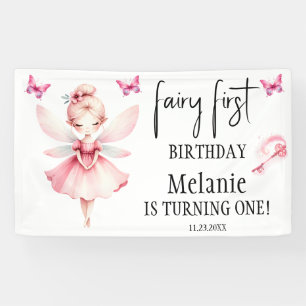 ピンクフェアリー蝶魔法ワンドファースト誕生日 横断幕