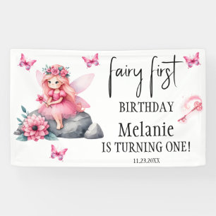 ピンクフェアリー蝶魔法ワンドファースト誕生日 横断幕