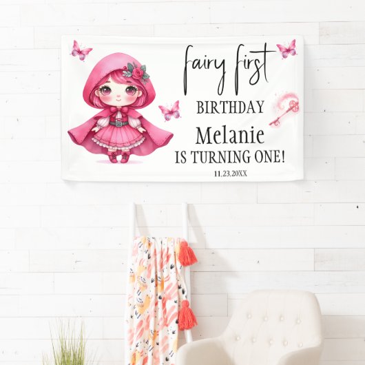 ピンクフェアリー蝶魔法ワンドファースト誕生日 横断幕 (インサイチュ)