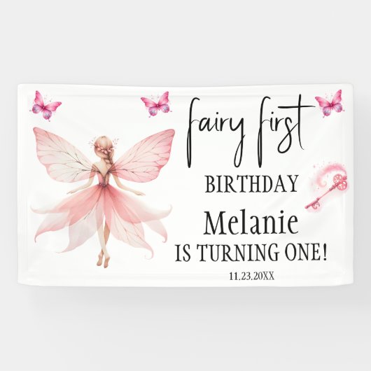 ピンクフェアリー蝶魔法ワンドファースト誕生日 横断幕 (横)