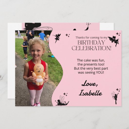 ピンクフェアリー誕生日パーティーサンキューカード サンキューカード (正面/裏面)