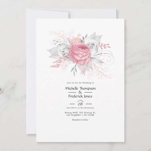 ピンクフェイクとフォイル銀のフローラ結婚ズ 招待状 (正面)