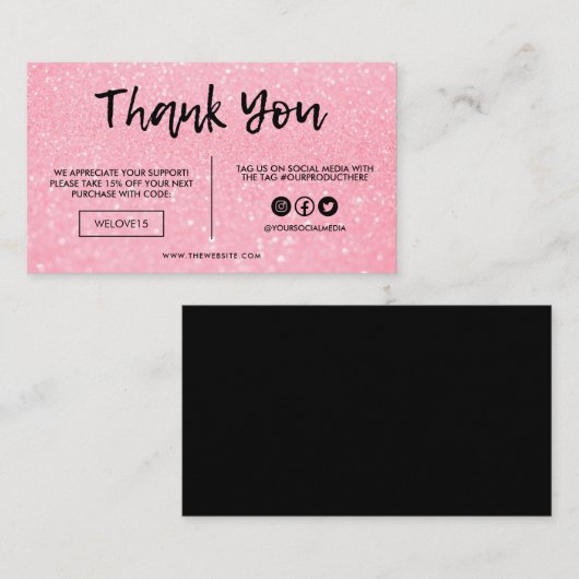 ピンクフェイクとブラックのグリッターありがとうメディア挿入 名刺 (正面/裏面)