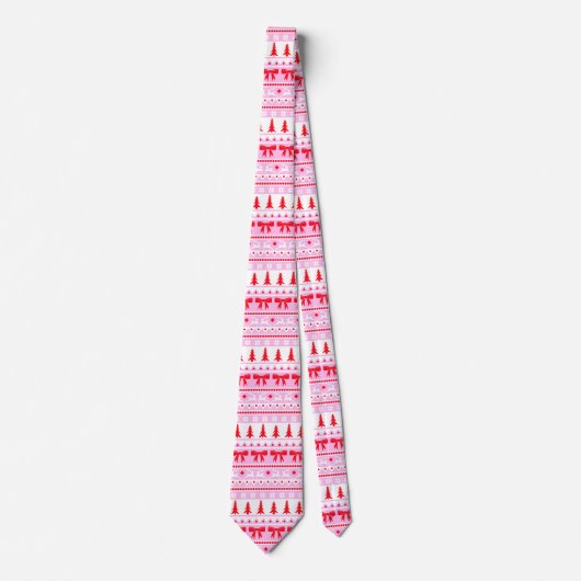 ピンクフェイクと赤のクリスマスセーター編み模様 ネクタイ (正面)