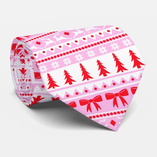 ピンクフェイクと赤のクリスマスセーター編み模様 ネクタイ (ロール)