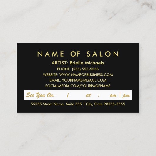 ピンクフェイクの唇を持つ金ゴールドメイクアップアーティストアポイントメント 予約カード (裏面)