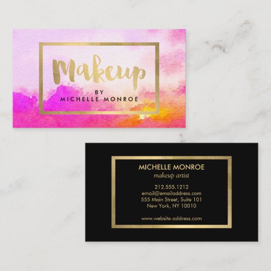 ピンクフェイクの水彩画の金箔メイクアップ文字 名刺 (正面/裏面)