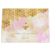 ピンクフェイクの水色のスプラッシュにホイル女王ビー ラージペーパーバッグ (正面)