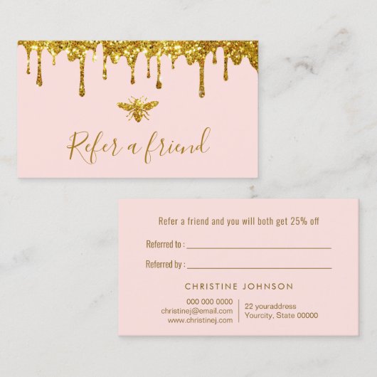 ピンクフェイクの紹介カード上の金ゴールドグリッター蜂蜜 名刺 (正面/裏面)