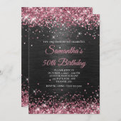 ピンクフェイクグリッターとブラックフォイル50誕生日 招待状 (正面/裏面)
