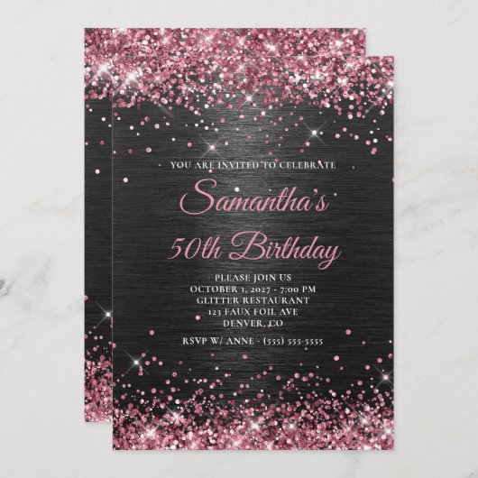 ピンクフェイクグリッターとブラックフォイル50誕生日 招待状 (正面/裏面)