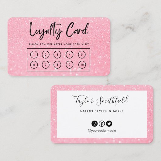 ピンクフェイクグリッターカスタムロイヤリティカード 名刺 (正面/裏面)