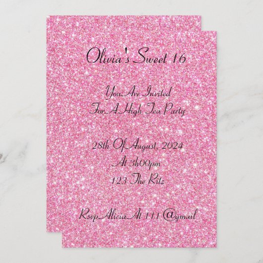 ピンクフェイクグリッタースウィート16歳の誕生日の招待状 招待状 (正面/裏面)