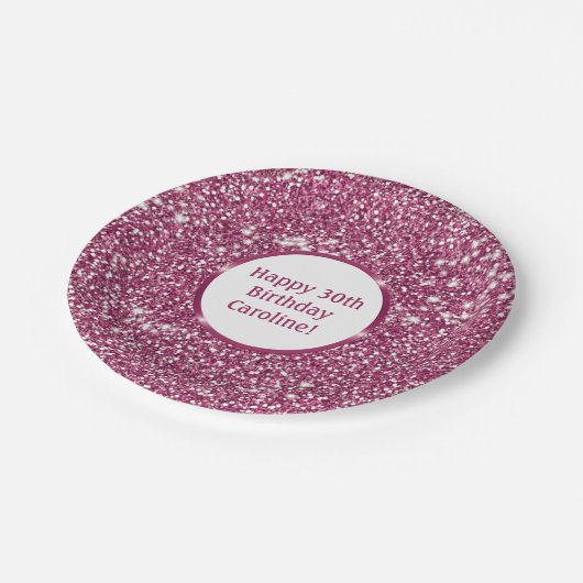 ピンクフェイクグリッターテクスチャーの外観とカスタム文字 ペーパープレート (アングル)
