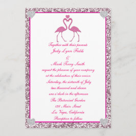 ピンクフェイクグリッターフラミンゴラブ結婚式招待状 招待状