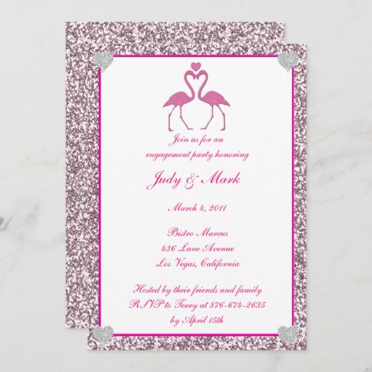 ピンクフェイクグリッターフラミンゴ婚約パーティ招待状 招待状 (正面/裏面)