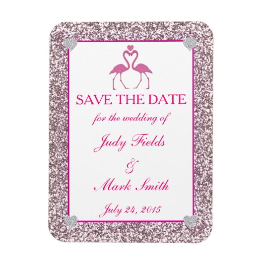 ピンクフェイクグリッターフラミンゴ日付磁石を保存 マグネット (縦)
