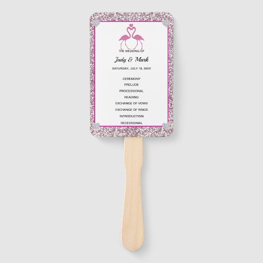 ピンクフェイクグリッターフラミンゴ結婚式 プログラムファン ハンドファン (正面)