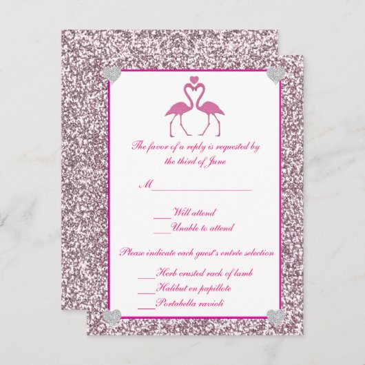 ピンクフェイクグリッターフラミンゴLove Response Card 出欠カード (正面/裏面)
