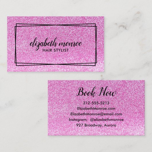 ピンクフェイクグリッターヘアスタイリスト化粧サロンスクリプト 名刺 (正面/裏面)