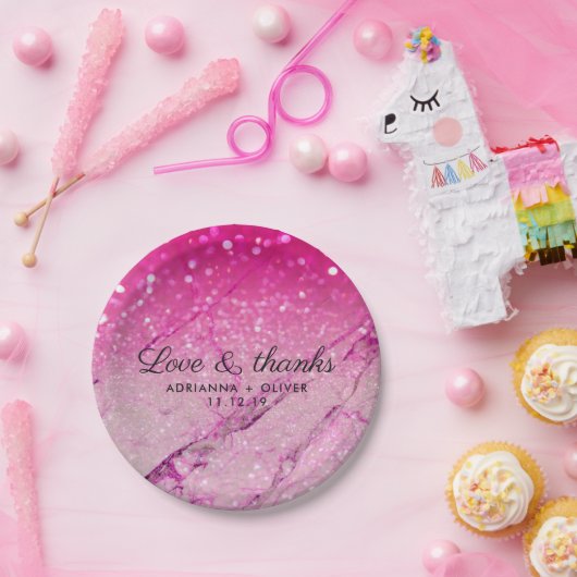 ピンクフェイクグリッター大理石パタ結婚ーンありがとう ペーパープレート (パーティー)