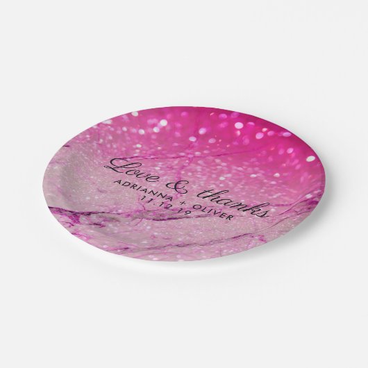 ピンクフェイクグリッター大理石パタ結婚ーンありがとう ペーパープレート (アングル)