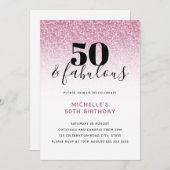 ピンクフェイクグリッター50と素晴らしい50誕生日 招待状 (正面/裏面)